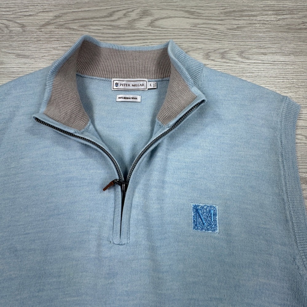 Peter Millar Mens Sweater Vest Quarter‎ Zip Light Blue Large 100% Merino Wool